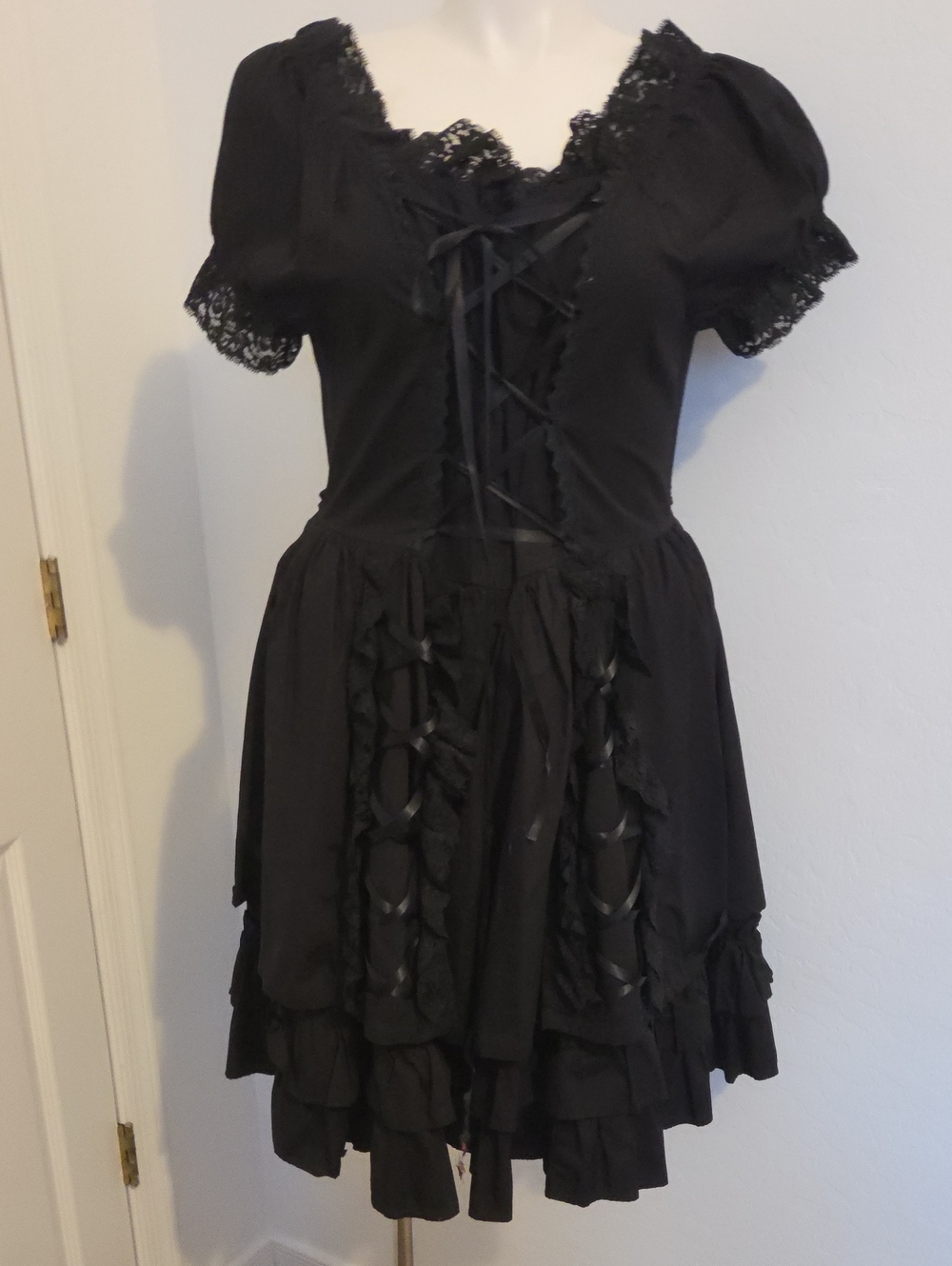 Black Lace-Up Short Sleeve Dress - Women